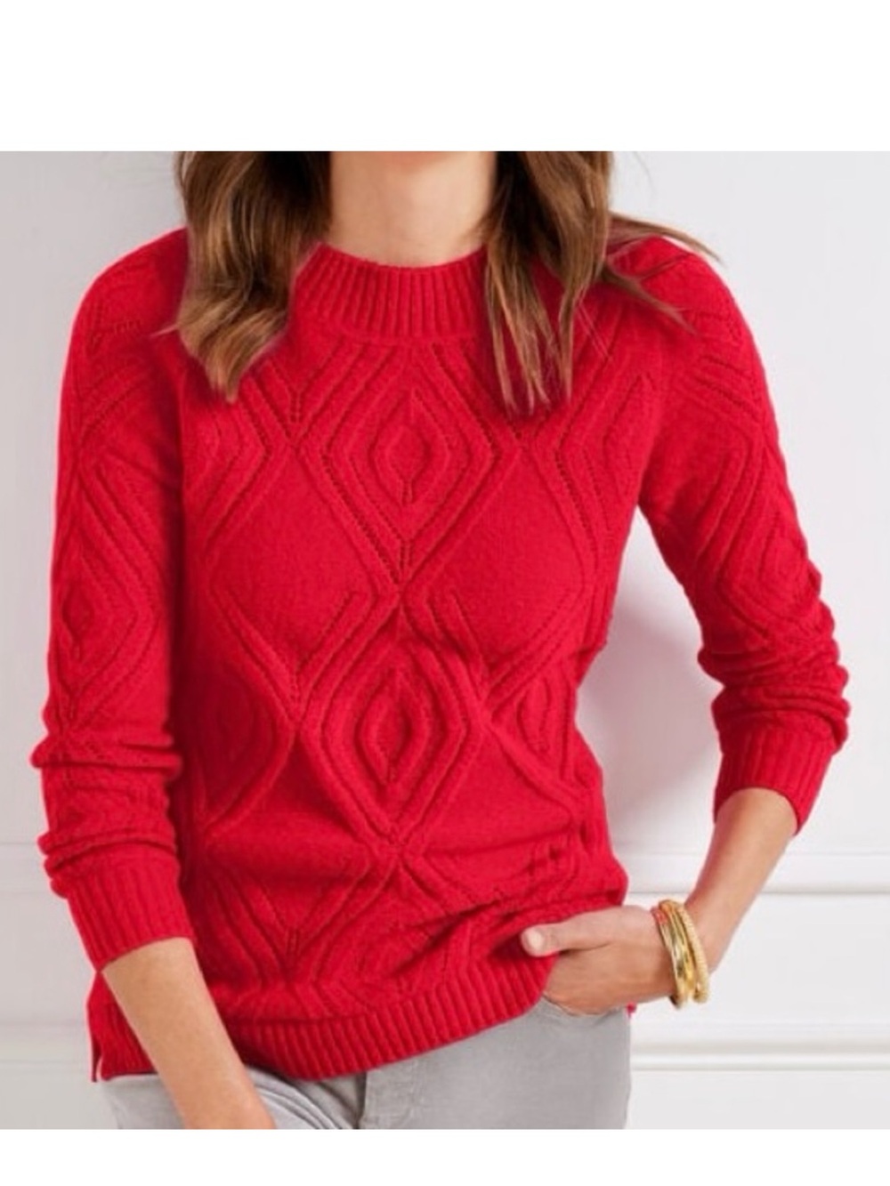 Talbots Pointelle Cable Knit Sweater Womenās Size XL Bateau Neck Open Knit Red